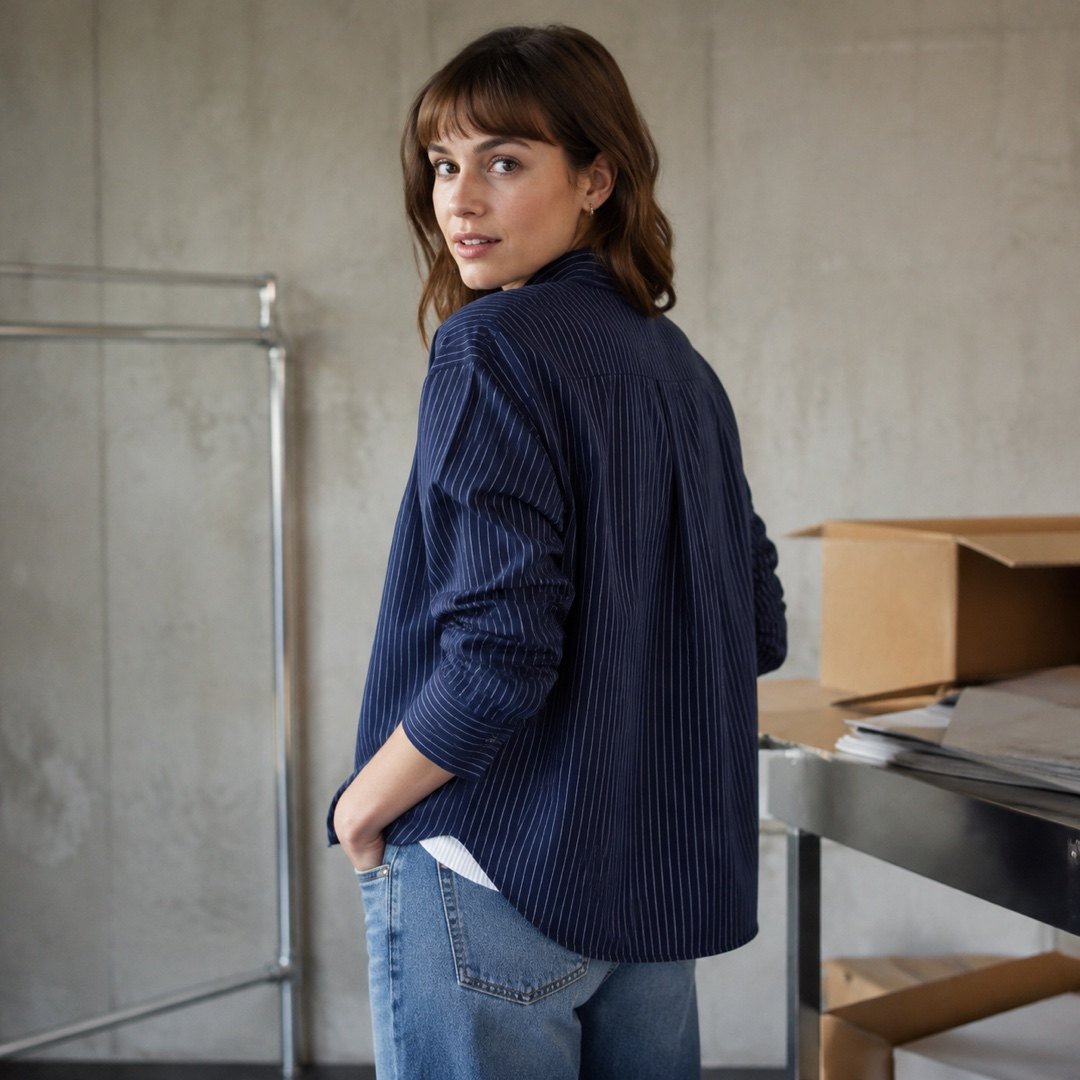 Ridley stripe shirt — Shirts by 786 CLOTHING. worn by a model, side view.