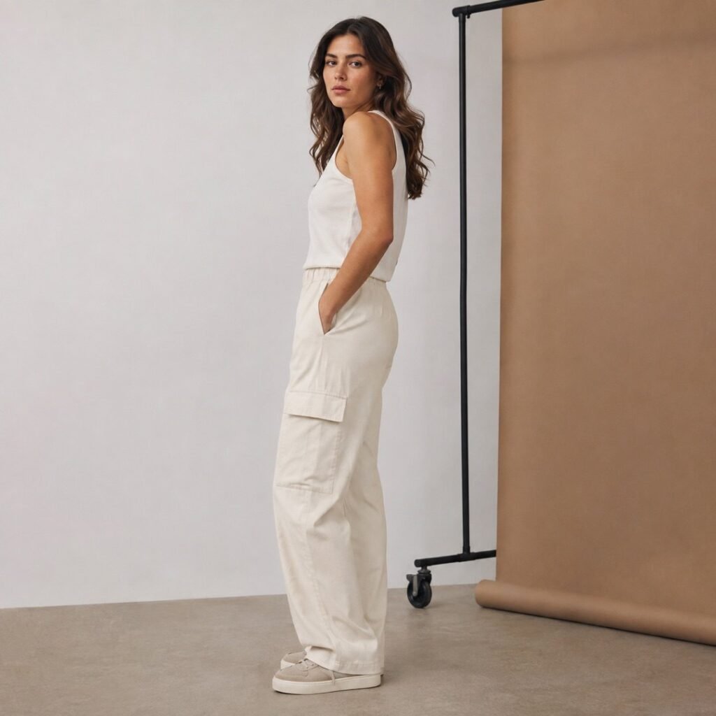 Ridley soft cargo trouser — Trousers by 786 CLOTHING. worn by a model.