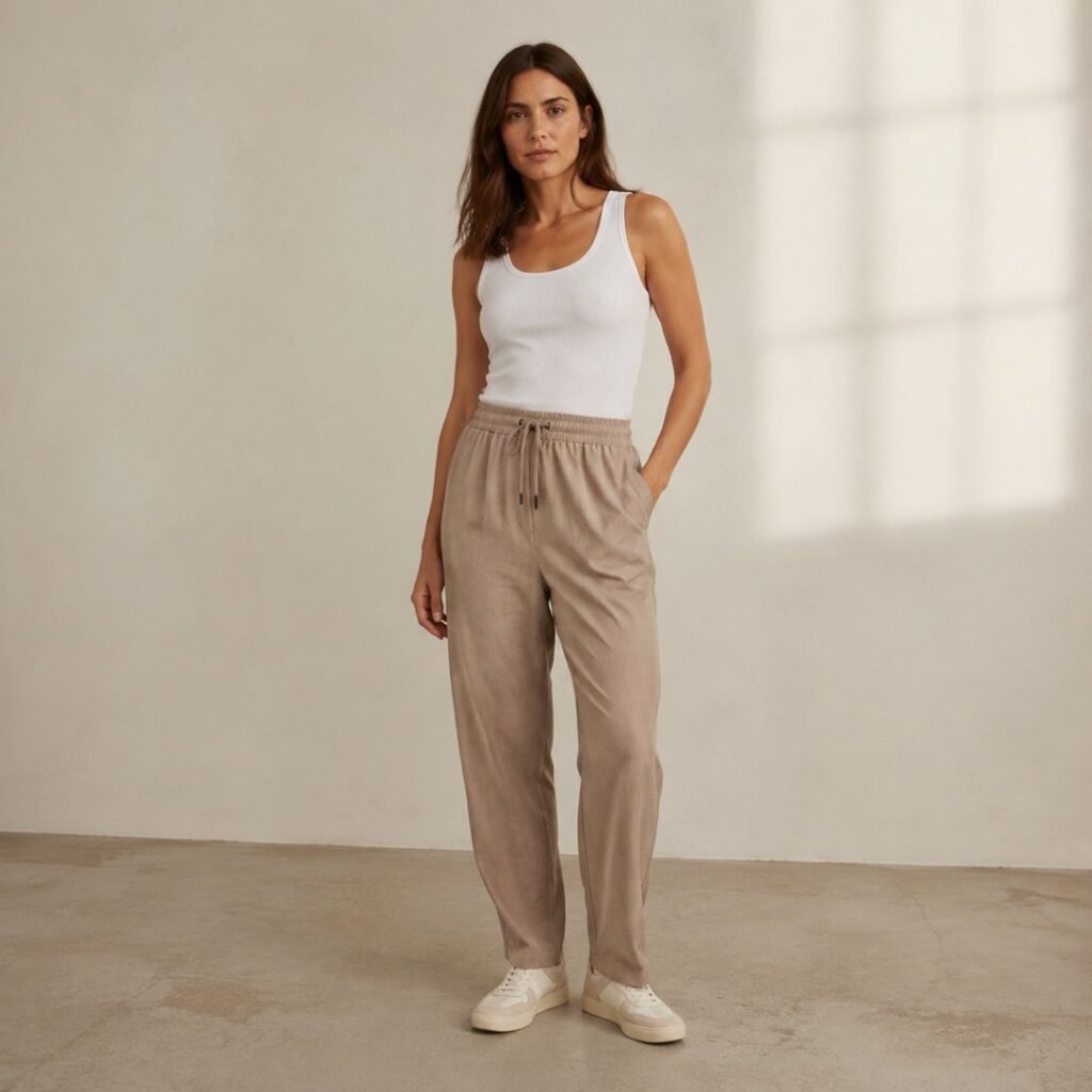 Brixton drawcord trouser — Trousers by 786 CLOTHING. worn by a model.